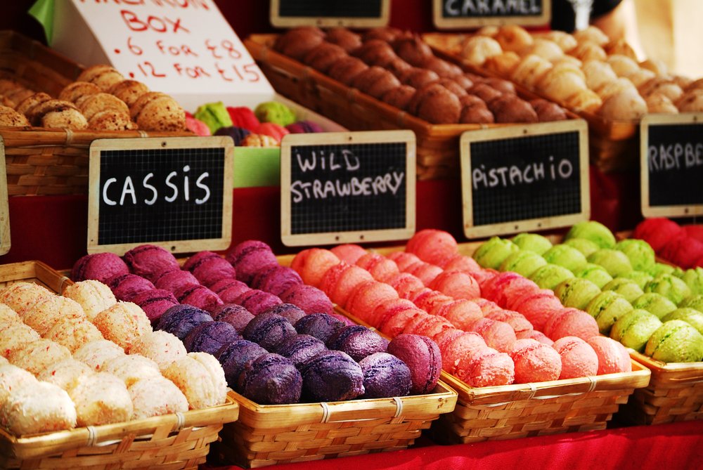 colorful macaroons in a Camden Market stall